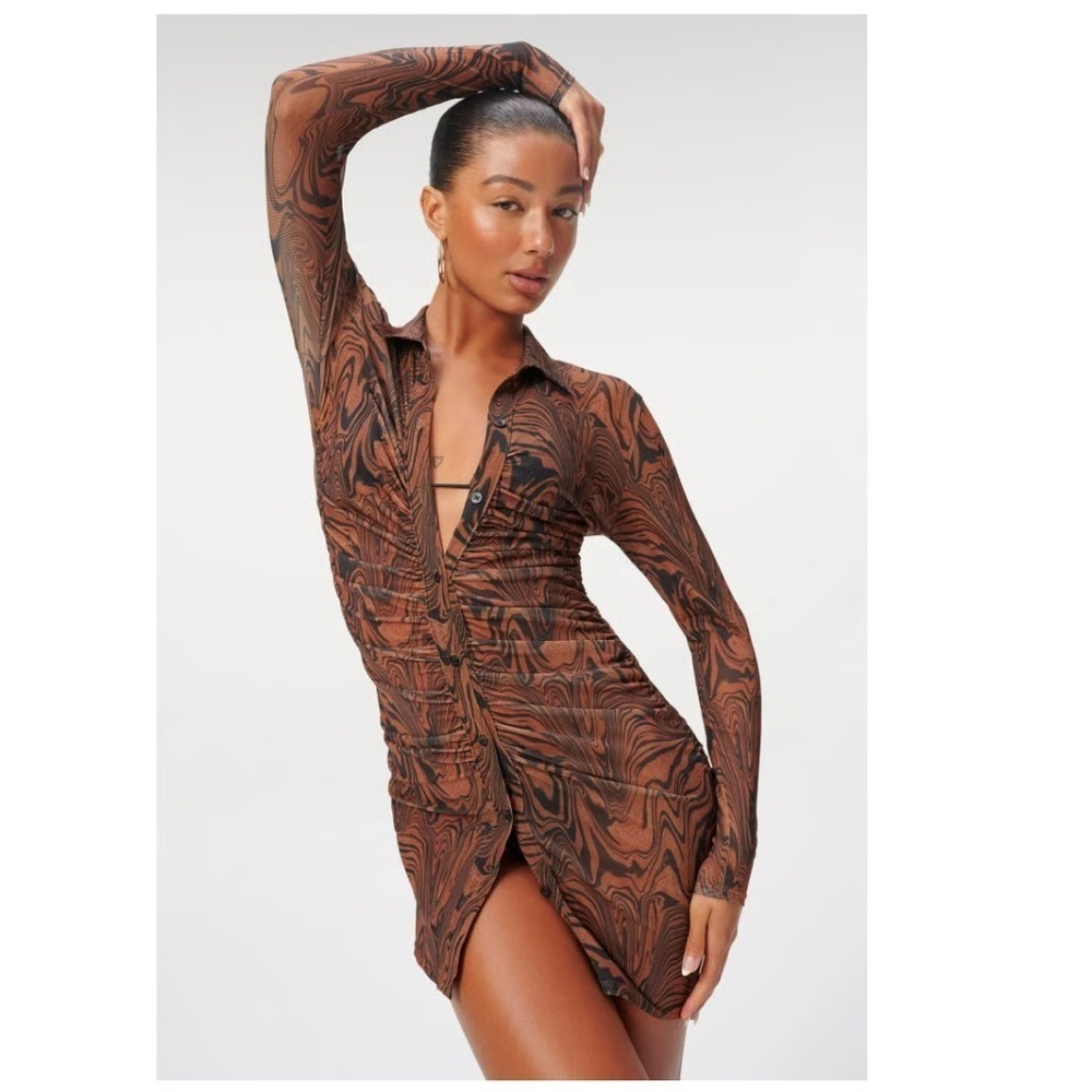 Good American Chai Swirl Mesh Ruched Button Up Mini Dress Cover Up Size 5